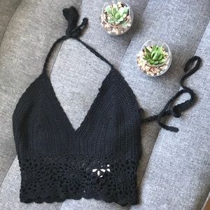 Black Crochet Woven Crop Top